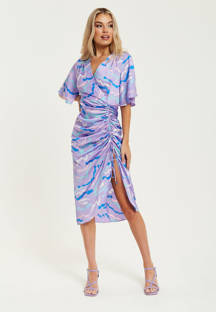 Liquorish Midi Wrap Dress With Abstract Zebra Print in Lilac