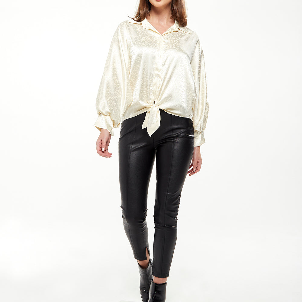 
                  
                    Divine Grace Leopard Jacquard Blouse with Front Waist Tie in Off White
                  
                