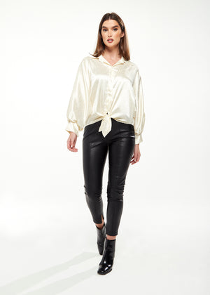 Divine Grace Leopard Jacquard Blouse with Front Waist Tie in Off White