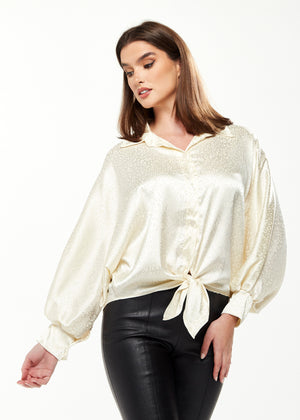 Divine Grace Leopard Jacquard Blouse with Front Waist Tie in Off White