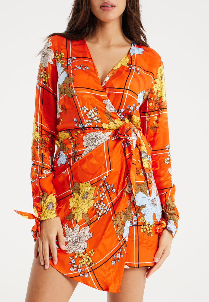 Liquorish Checked Floral Print Mini Wrap Dress