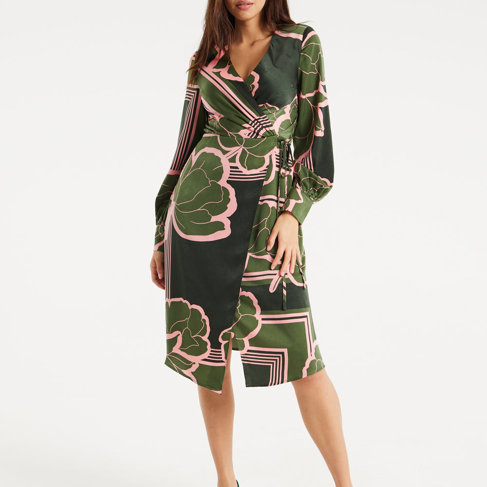 
                  
                    Liquorish Geometric Floral Print Midi Wrap Dress In Dark Green
                  
                