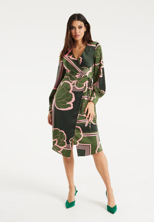 Liquorish Geometric Floral Print Midi Wrap Dress In Dark Green