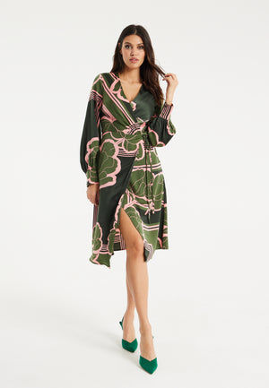 Liquorish Geometric Floral Print Midi Wrap Dress In Dark Green