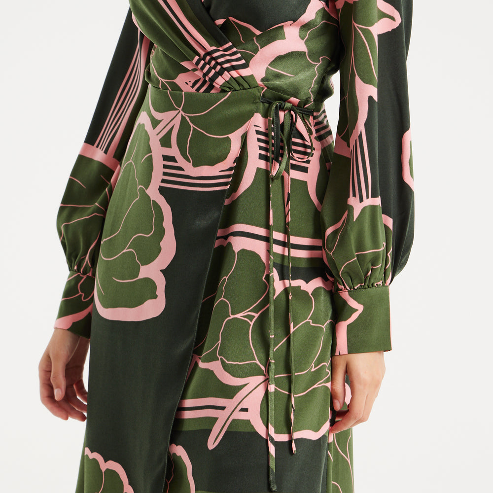
                  
                    Liquorish Geometric Floral Print Midi Wrap Dress In Dark Green
                  
                
