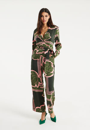 Liquorish Geometric Floral Print Jumpsuit In Dark Green