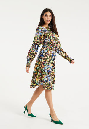 Liquorish Floral Print Midi Dress With Smock Waist In Multicolour