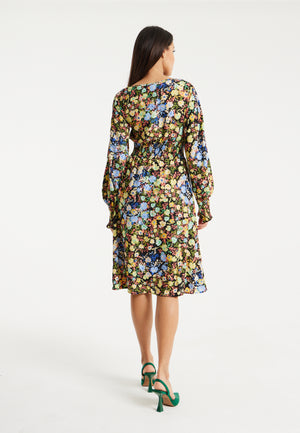 Liquorish Floral Print Midi Dress With Smock Waist In Multicolour