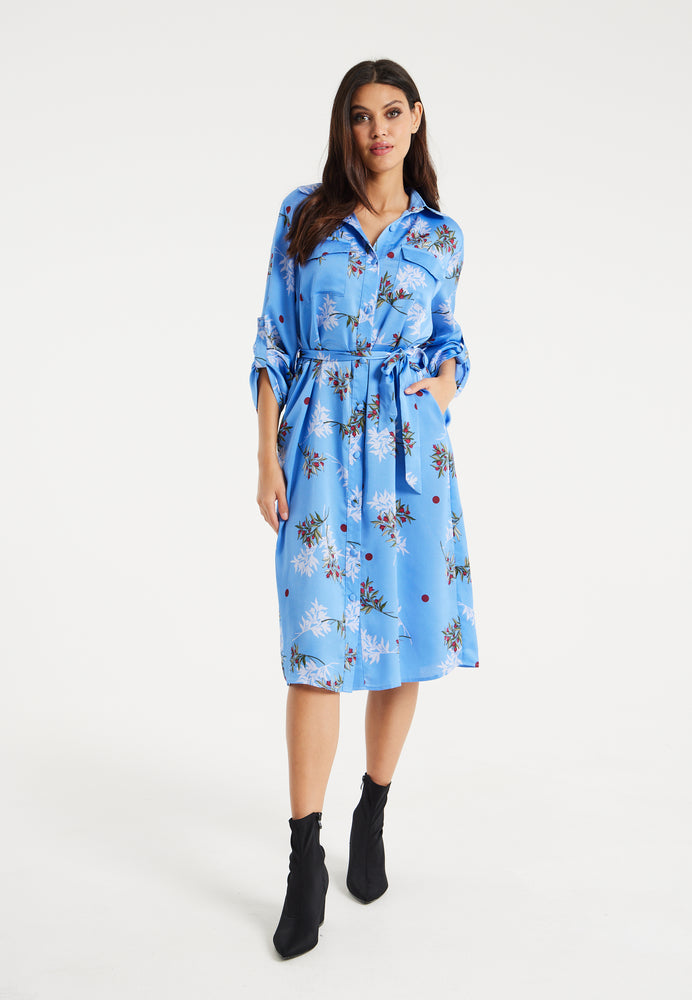 Liquorish Floral Print Shirt Dress In Light Blue