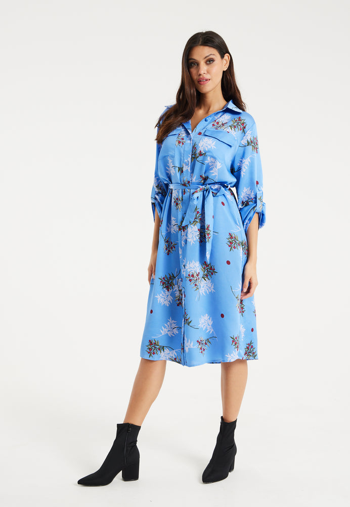 Liquorish Floral Print Shirt Dress In Light Blue