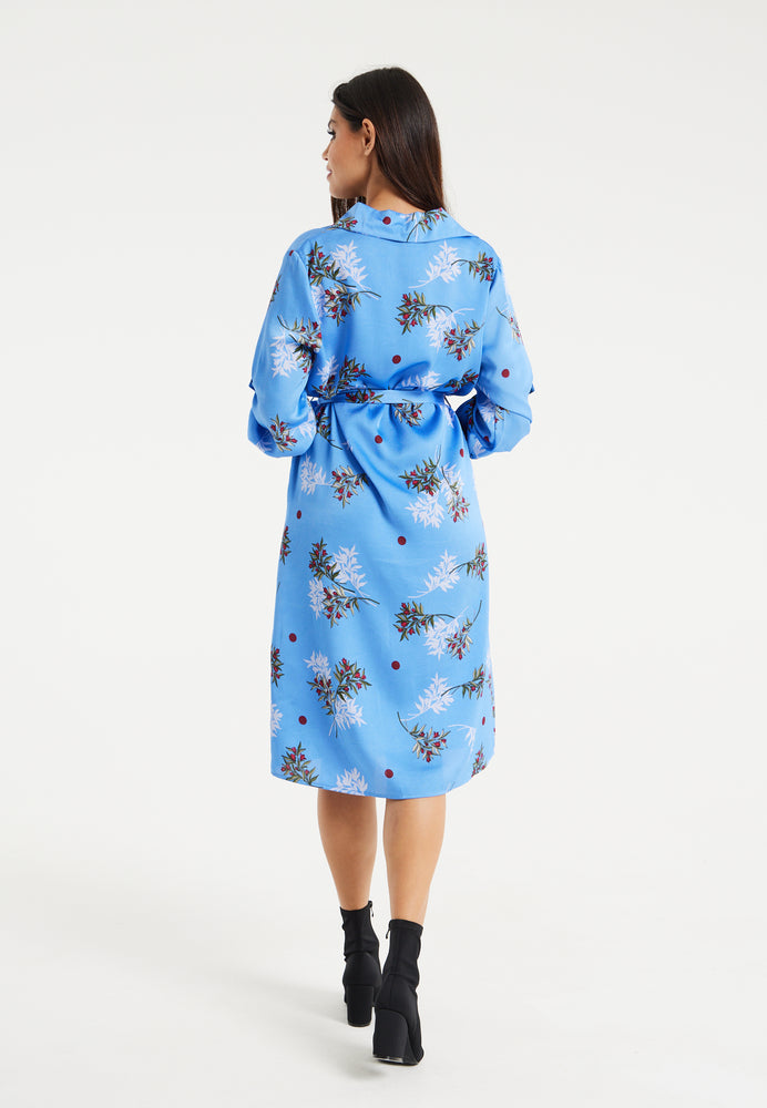 Liquorish Floral Print Shirt Dress In Light Blue
