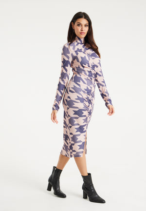 Liquorish Overscale Houndstooth Print Midi Dress With High Neck & Ruching Detail