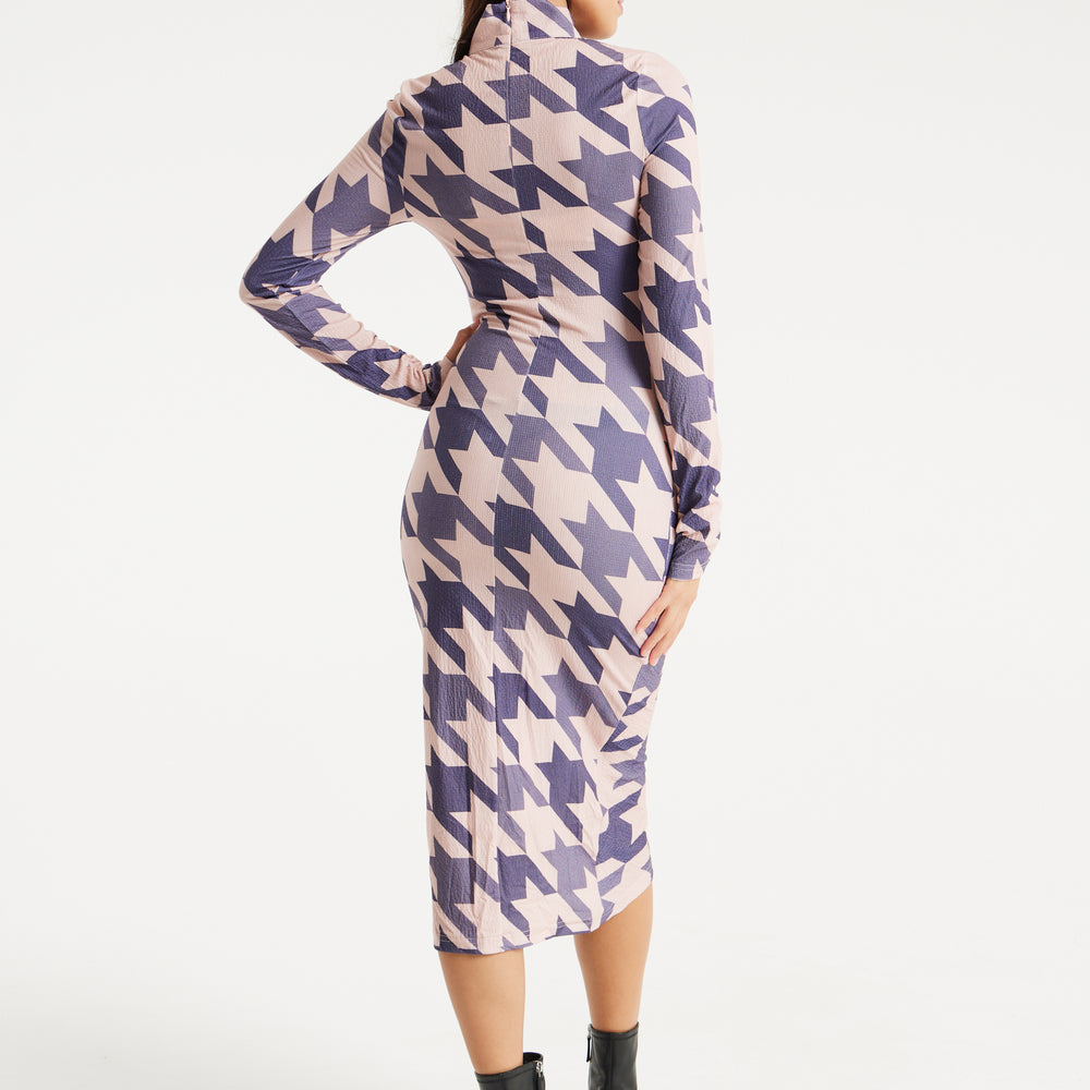 
                  
                    Liquorish Overscale Houndstooth Print Midi Dress With High Neck & Ruching Detail
                  
                