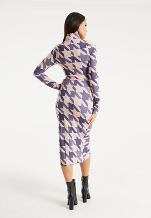 Liquorish Overscale Houndstooth Print Midi Dress With High Neck & Ruching Detail