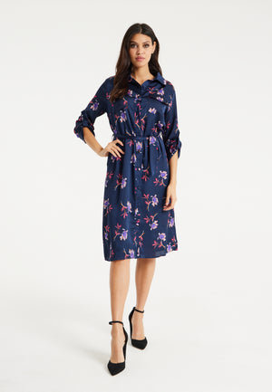 Liquorish Floral Print Shirt Dress In Navy