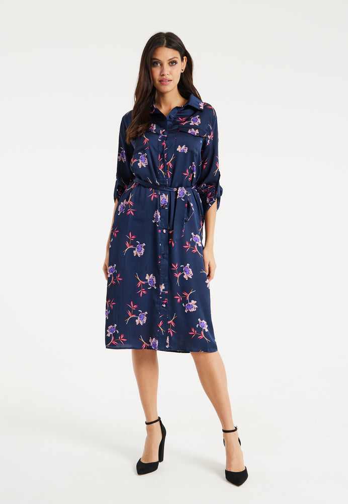 Liquorish Floral Print Shirt Dress In Navy