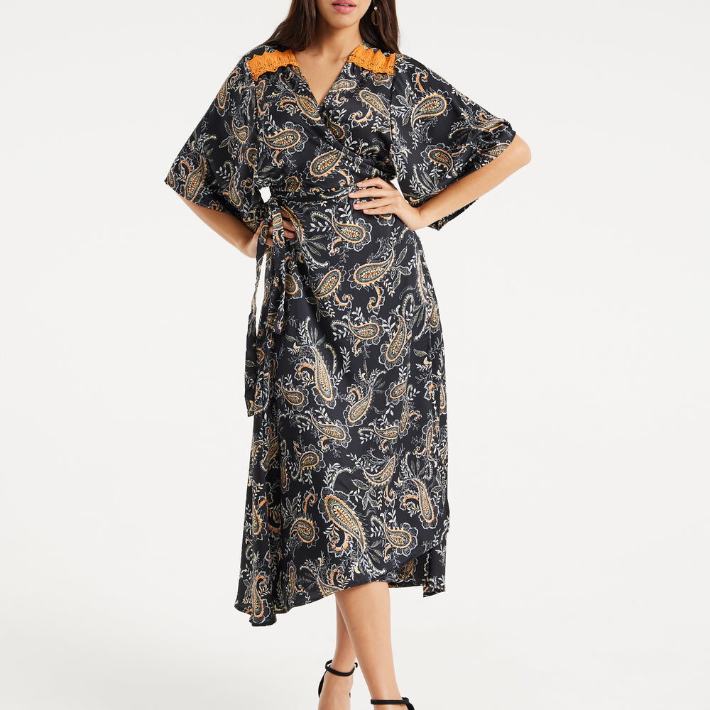 
                  
                    Liquorish Black Based Floral Print Maxi Wrap Dress With Orange Lace Details
                  
                