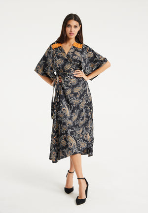 Black Based Floral Print Maxi Wrap Dress With Orange Lace Details