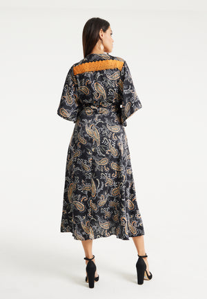 Black Based Floral Print Maxi Wrap Dress With Orange Lace Details