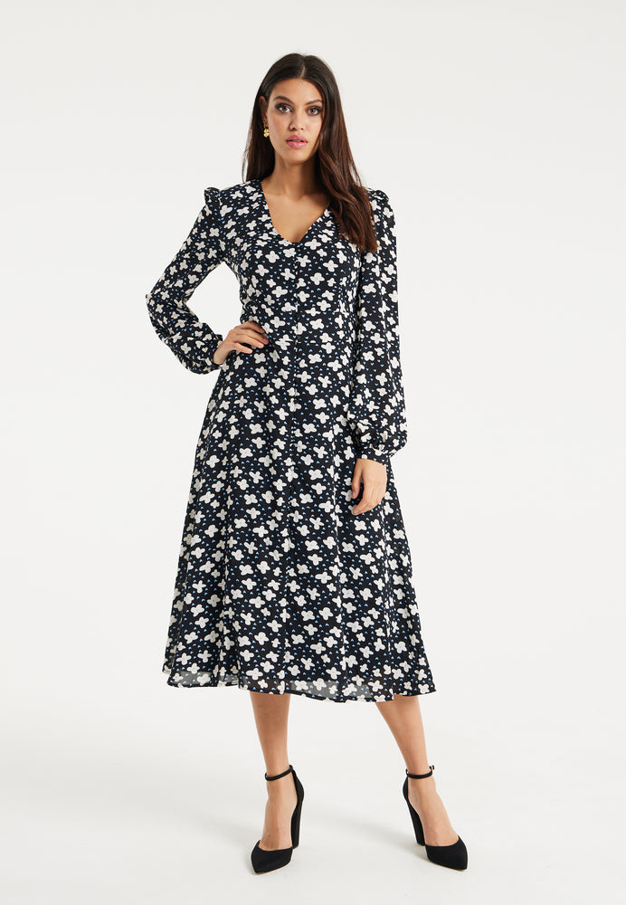 Liquorish Floral And Heart Print Midi Dress In Black