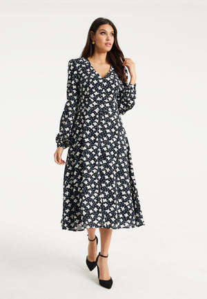 Liquorish Floral And Heart Print Midi Dress In Black