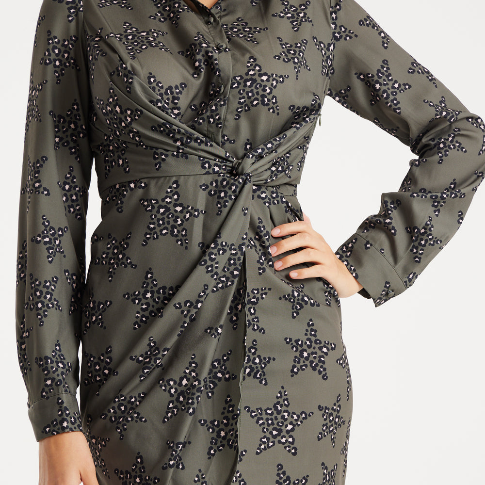 
                  
                    Liquorish Leopard Star Print Mini Dress With Collar And Twisted Front Detail In Khaki
                  
                