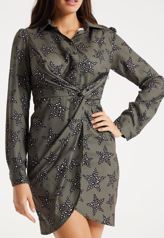 Liquorish Leopard Star Print Mini Dress With Collar And Twisted Front Detail In Khaki