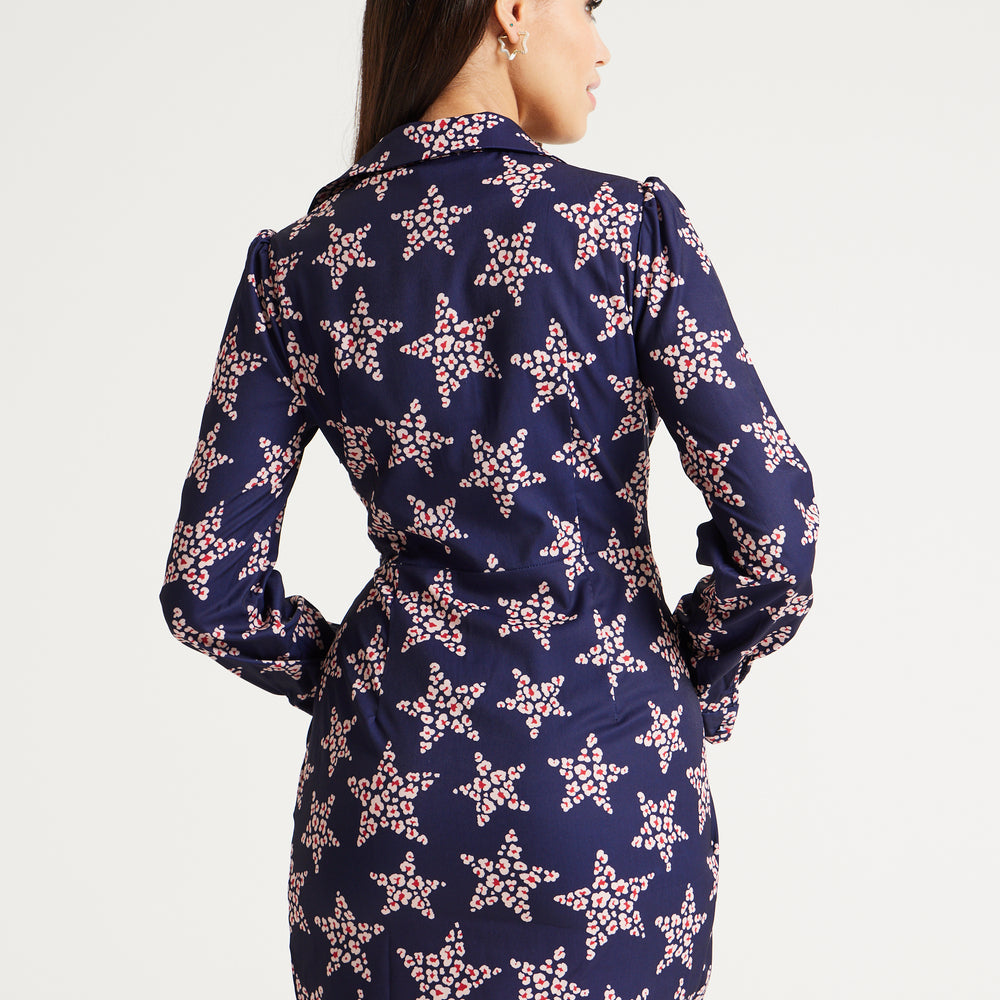 
                  
                    Liquorish Leopard Star Print Mini Dress With Collar And Twisted Front Detail In Navy
                  
                