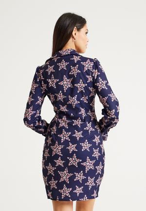 Liquorish Leopard Star Print Mini Dress With Collar And Twisted Front Detail In Navy
