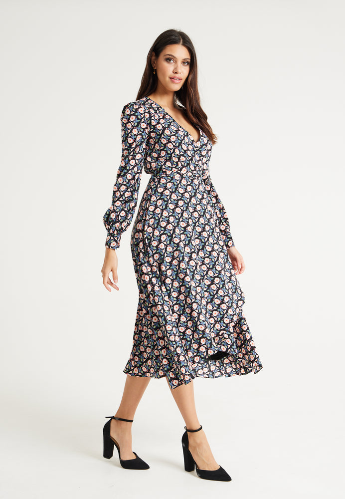 Liquorish Floral Foliage Print Midi Dress In Multicolour
