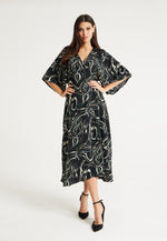 Liquorish Scribble Print Maxi Wrap Dress With Kimono Sleeves In Black