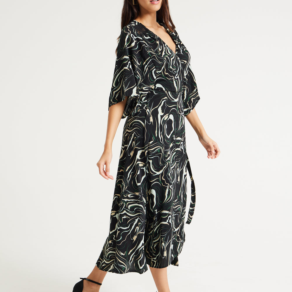 
                  
                    Liquorish Scribble Print Maxi Wrap Dress With Kimono Sleeves In Black
                  
                