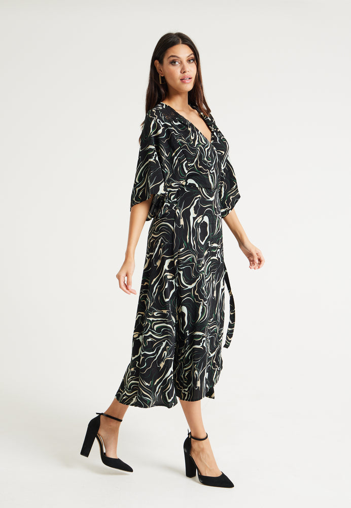 Liquorish Scribble Print Maxi Wrap Dress With Kimono Sleeves In Black