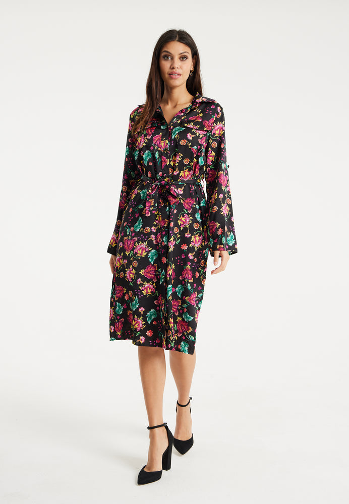 Liquorish Floral Print Shirt Dress In Multicolour & Black