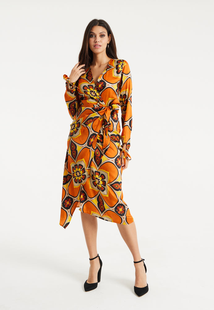 Liquorish Floral Midi Wrap Dress In Orange And Yellow