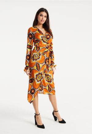Liquorish Floral Midi Wrap Dress In Orange And Yellow