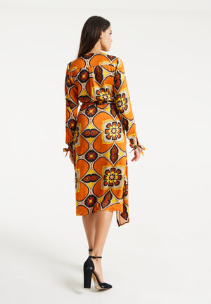 Liquorish Floral Midi Wrap Dress In Orange And Yellow