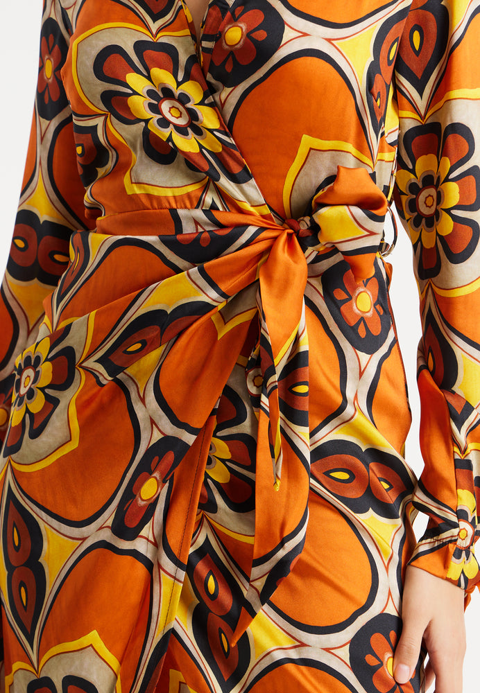 Liquorish Floral Midi Wrap Dress In Orange And Yellow
