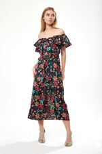 Liquorish Belted Midi Dress with Off Shoulder Sleeves in Black Based Floral Print