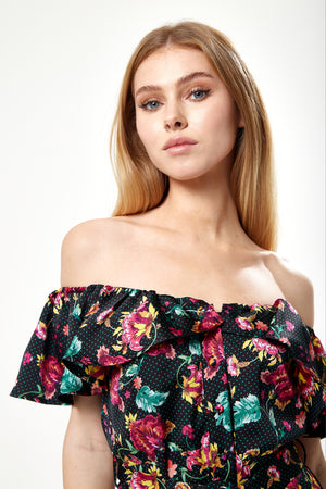 Liquorish Belted Midi Dress with Off Shoulder Sleeves in Black Based Floral Print