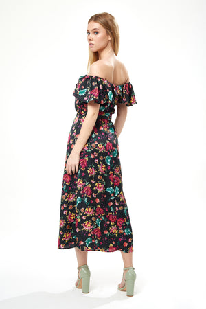Liquorish Belted Midi Dress with Off Shoulder Sleeves in Black Based Floral Print