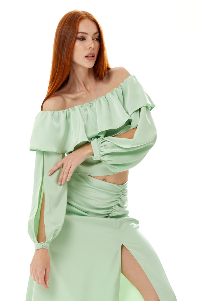 Liquorish ruffle long sleeve off the shoulder top with sleeve slits in mint green