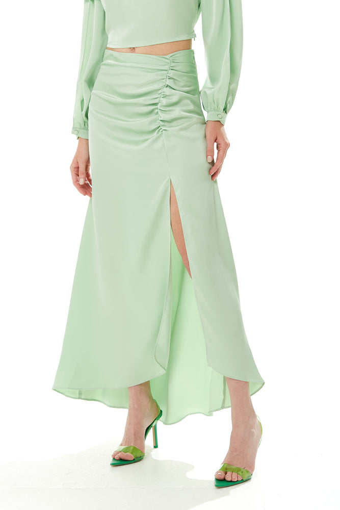 Liquorish gathered detail maxi skirt with a slit in mint green