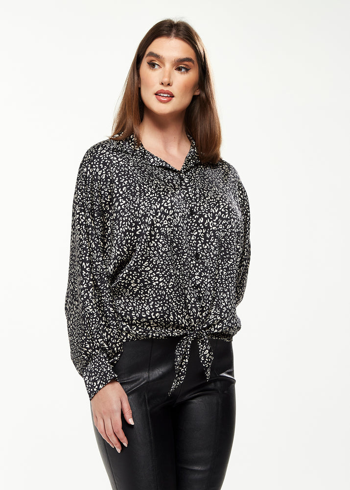 Divine Grace Blouse with Front Tie in Black & White Animal Print