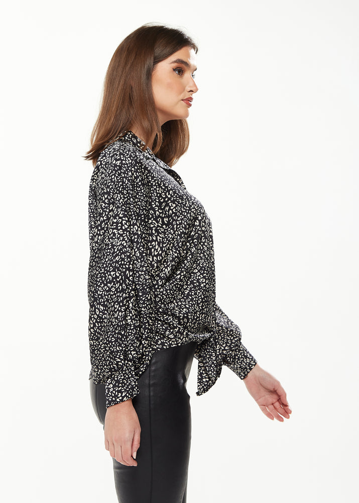 Divine Grace Blouse with Front Tie in Black & White Animal Print