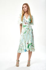 Liquorish Bird Print Midi Wrap Dress in Mint Green