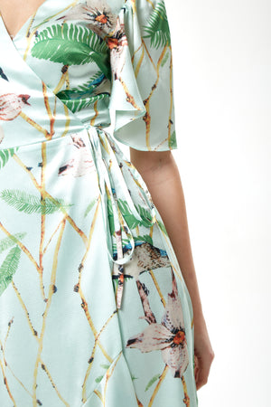 Liquorish Bird Print Midi Wrap Dress in Mint Green
