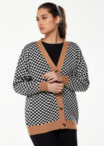 Liquorish Chequered Cardigan In Black, White & Camel