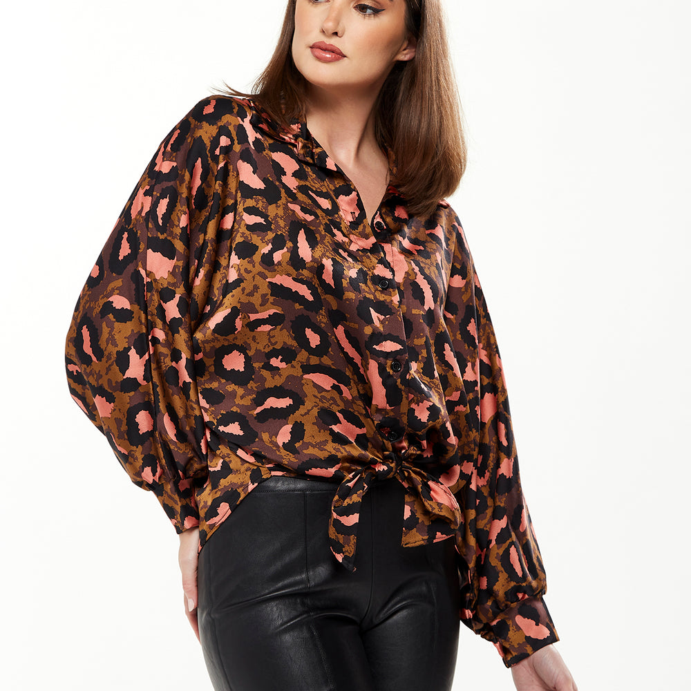 
                  
                    Divine Grace Blouse with Front Tie in Brown & Coral Leopard Print
                  
                