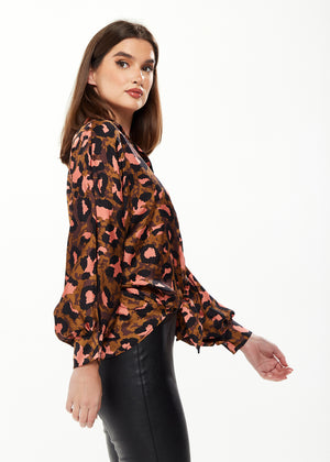 Divine Grace Blouse with Front Tie in Brown & Coral Leopard Print